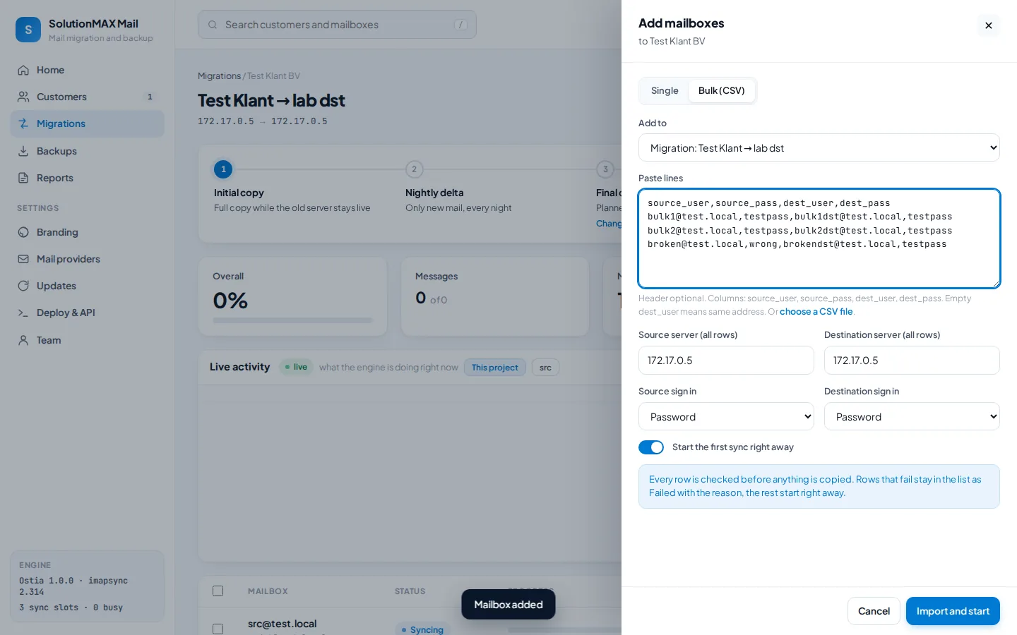 The bulk import drawer with pasted CSV lines